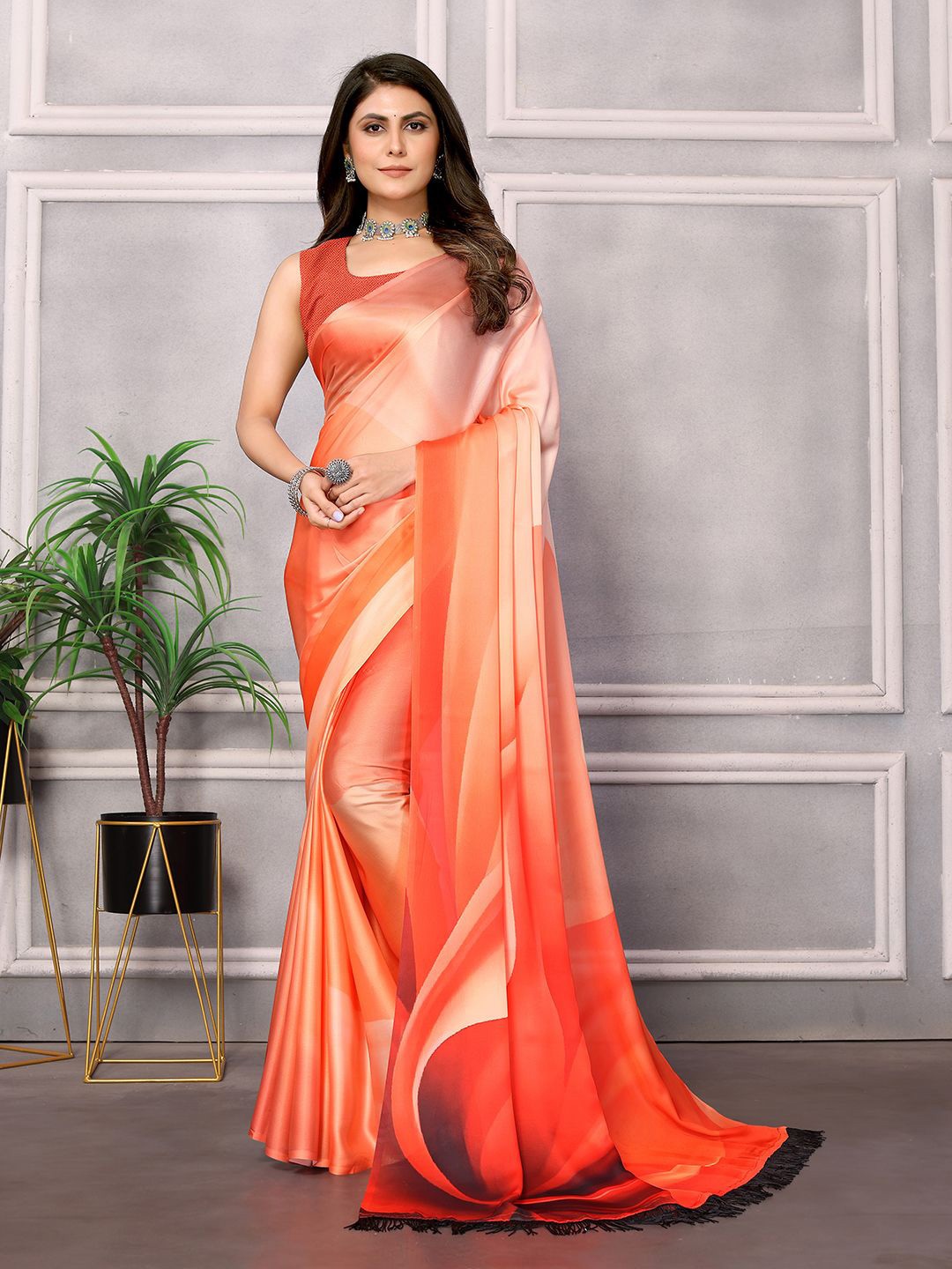 

ARYZE Satin Saree, Orange