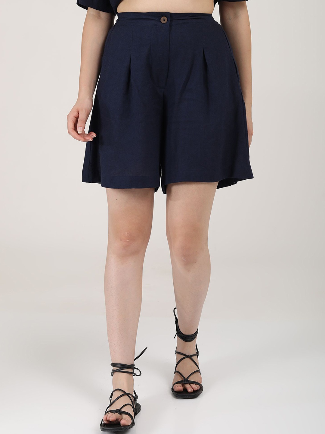 

Saltpetre Women Mid-Rise Relaxed Fit Linen Shorts, Navy blue