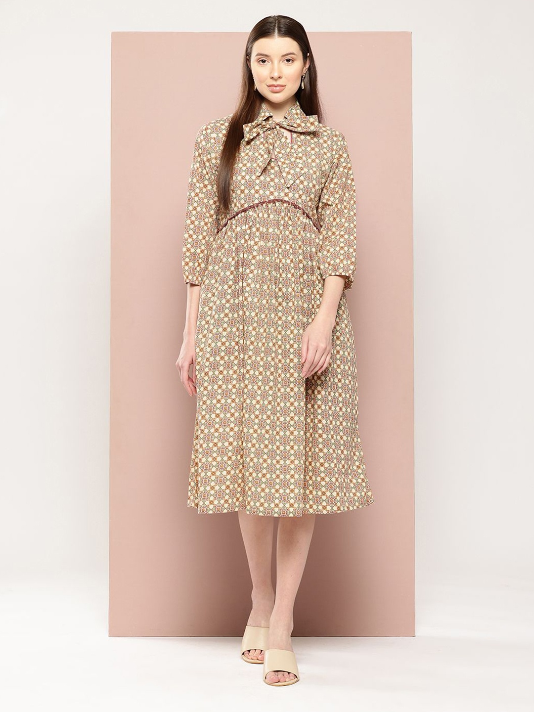 

HERE&NOW Beige Floral Printed Tie-Up Neck Cotton Fit & Flare Midi Dress