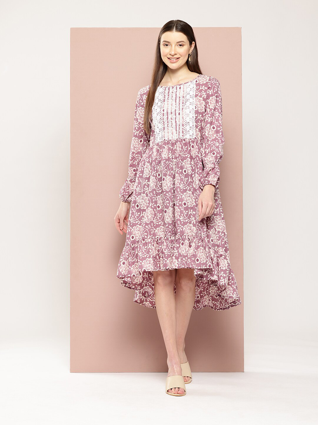 

HERE&NOW Ethnic Motifs Printed Lace-Up Detailed High-Low Hem Fit & Flare Midi Dress, Purple