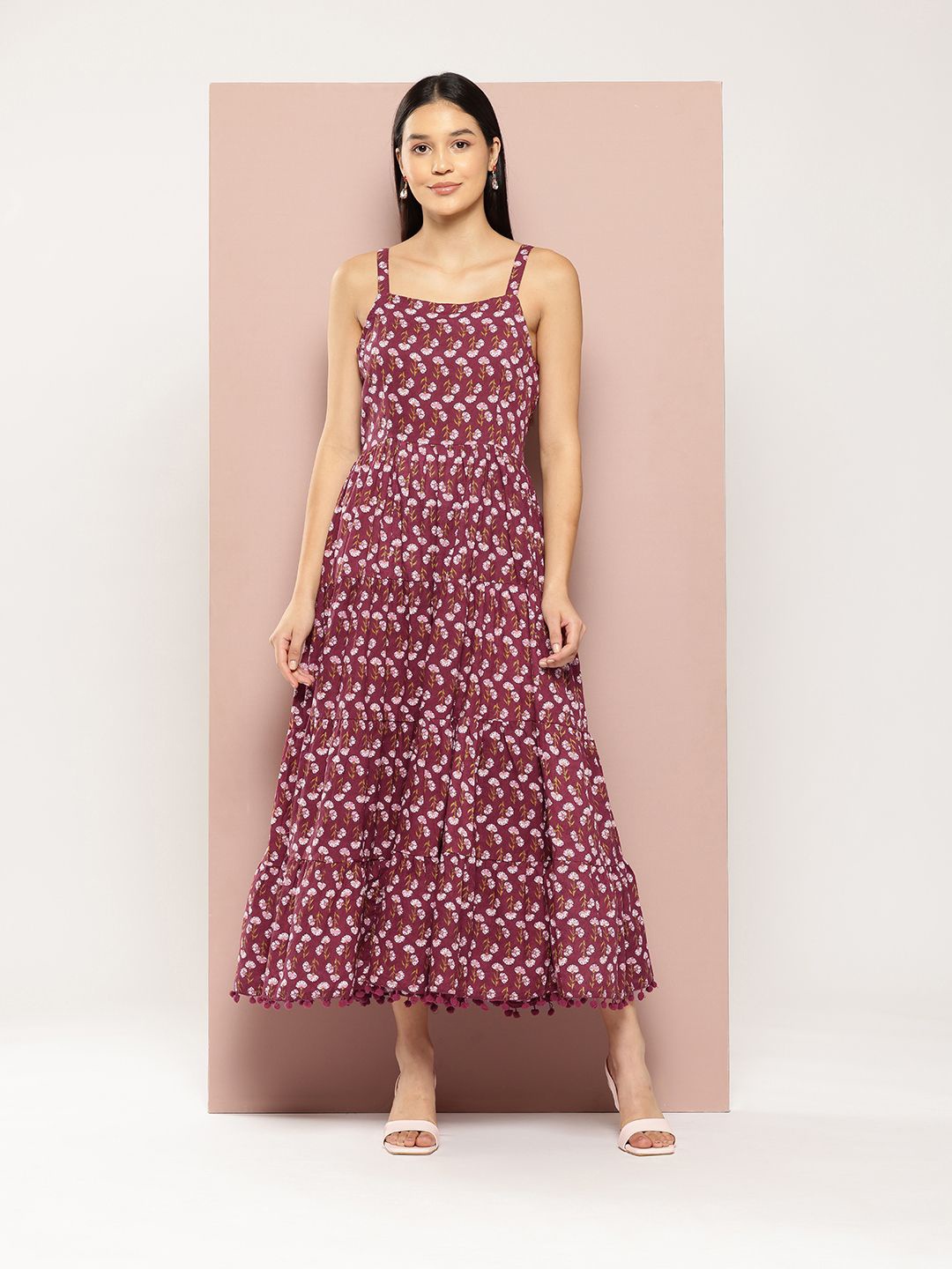 

HERE&NOW Women Floral Printed Shoulder Straps Fit and Flare Midi Dress, Maroon