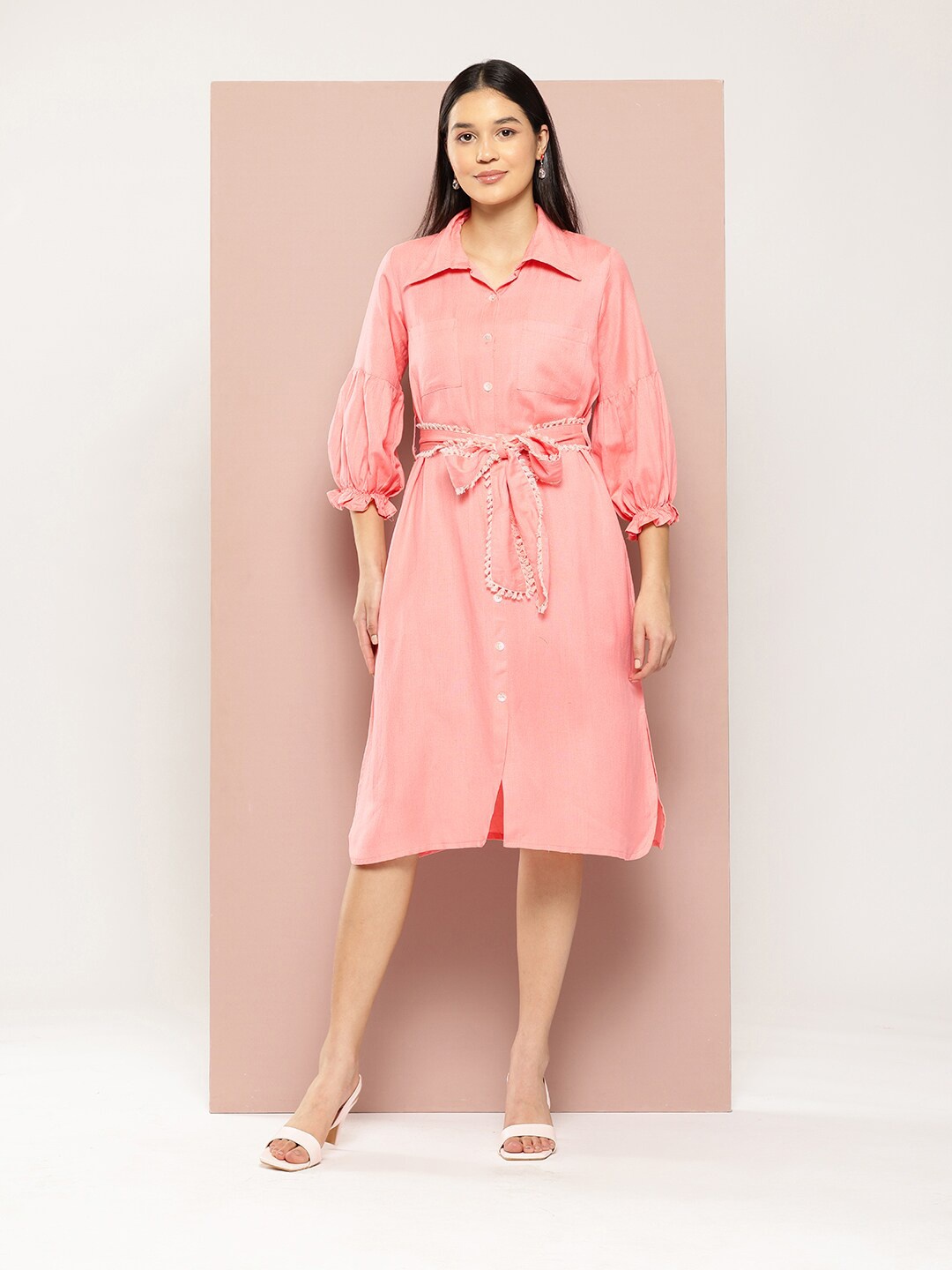 

HERE&NOW Spread Collar Belted Detailed Casual Shirt Dress, Coral