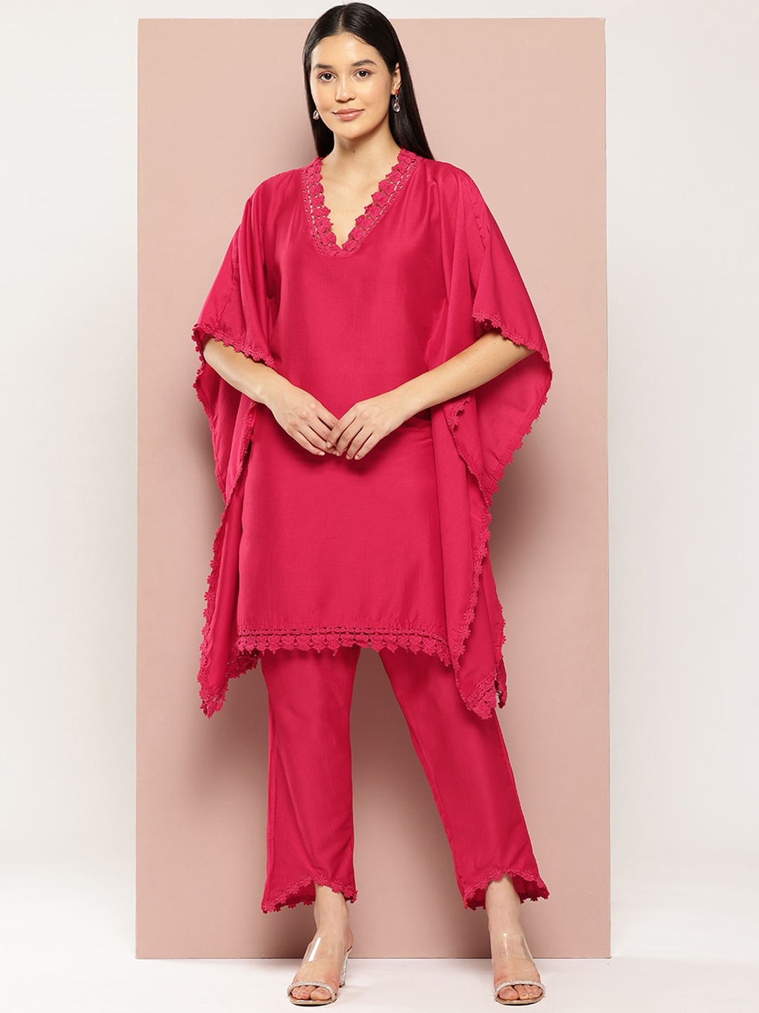 

HERE&NOW Silk V-Neck Kaftan Top With Trousers Co-Ords, Pink