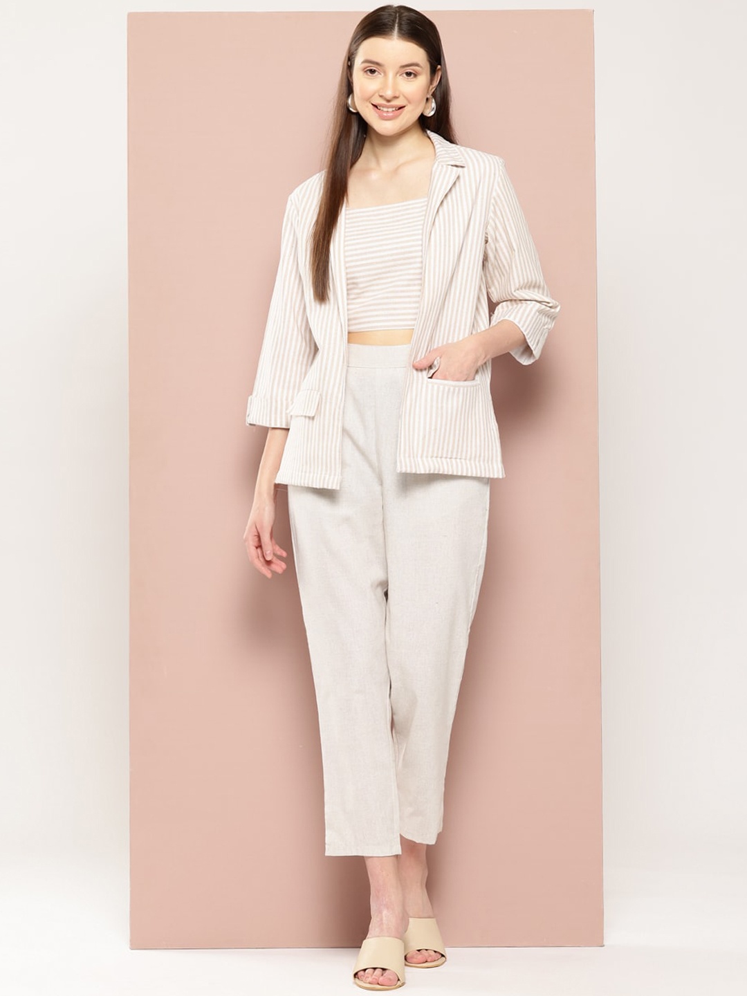 

HERE&NOW Striped Pure Cotton Round Neck Top & Flared Trouser & Blazer Co-Ords, Pink