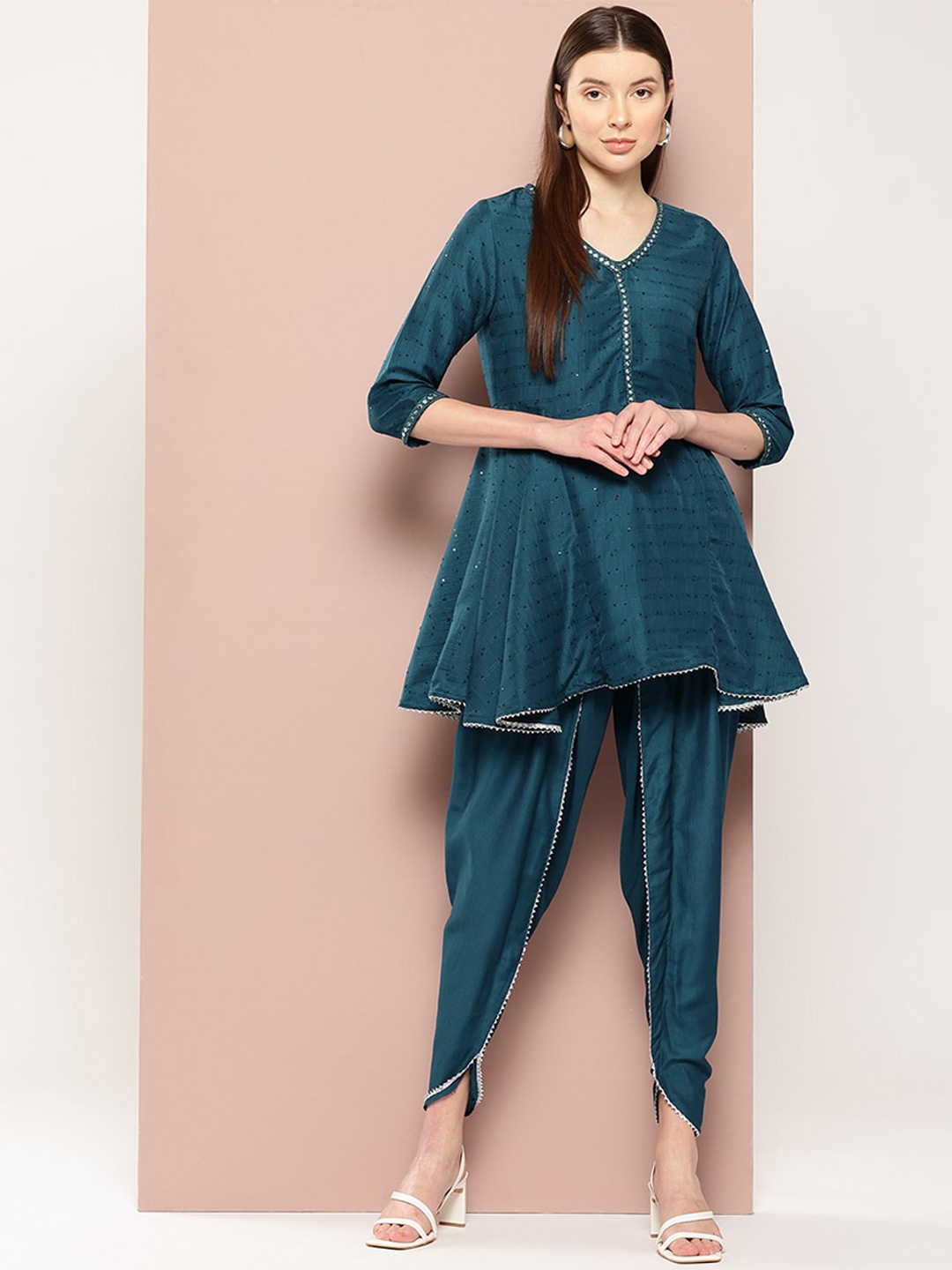 

HERE&NOW Sequinned Chanderi Silk Anarkali Kurti With Dhoti Pants, Blue