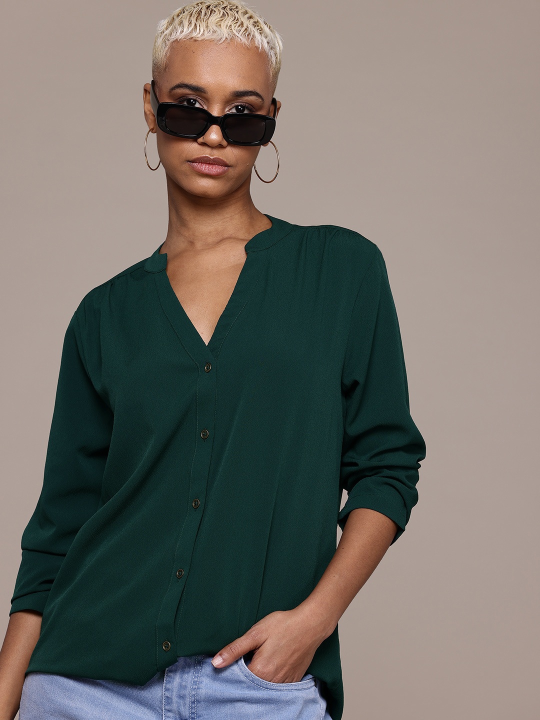 

Roadster Mandarin Collar Casual Shirt, Green