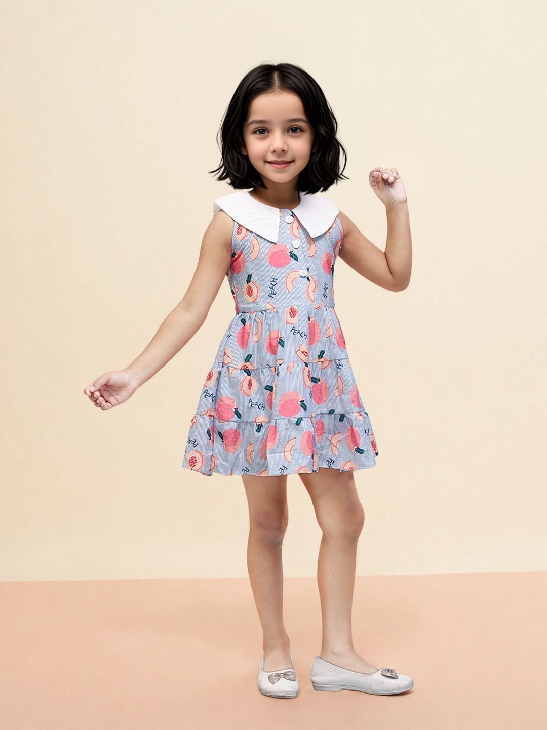 

Toonyport Girls Printed Peter Pan Collar Gathered Cotton Mini Fit & Flare Dress, Blue