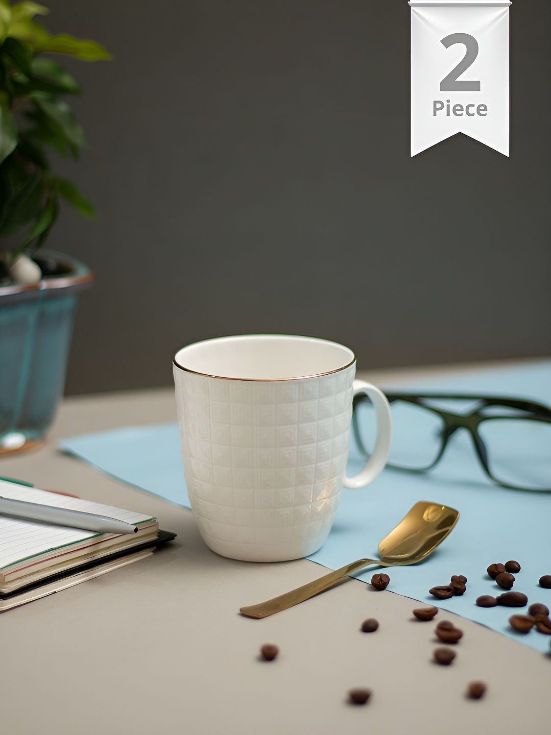 

JCPL Fine Ceramic White 2 Pieces Textured Glossy Mugs 300 Ml