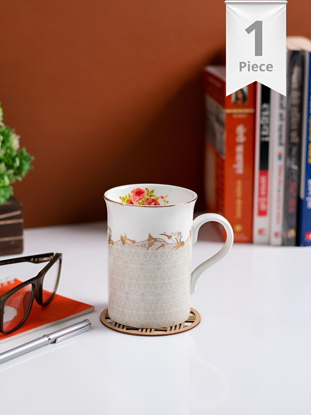 

JCPL White & Coral Printed Ceramic Glossy Mugs 340 ml