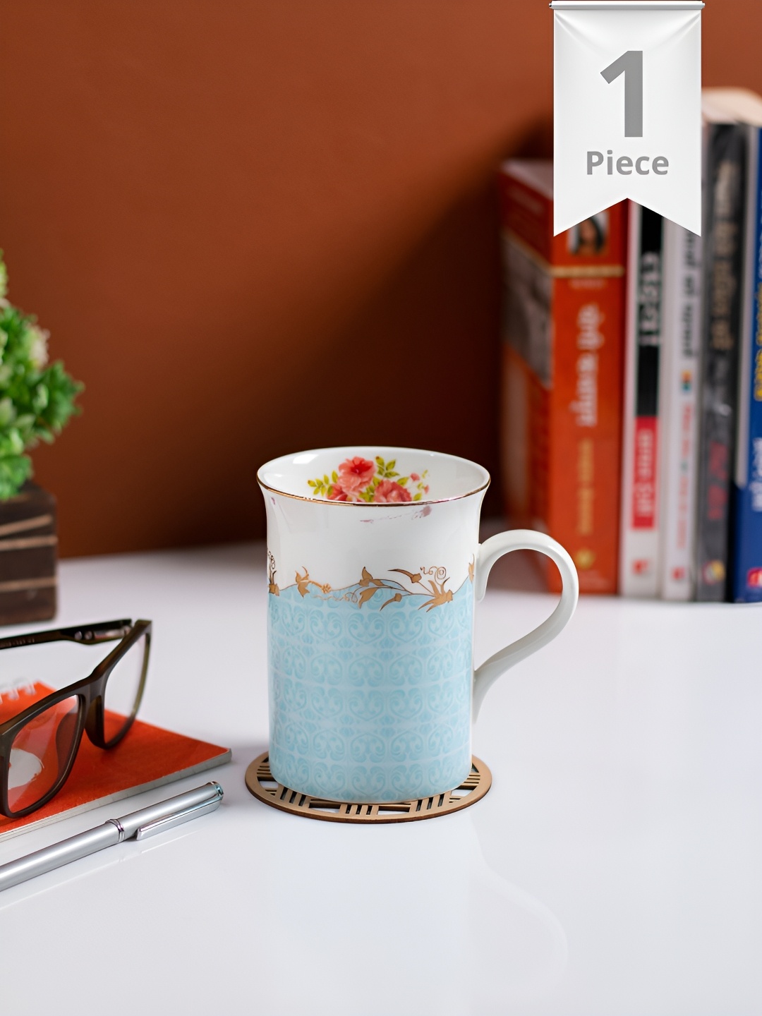 

JCPL Blue & White Floral Printed Ceramic Glossy Mugs 340 ml