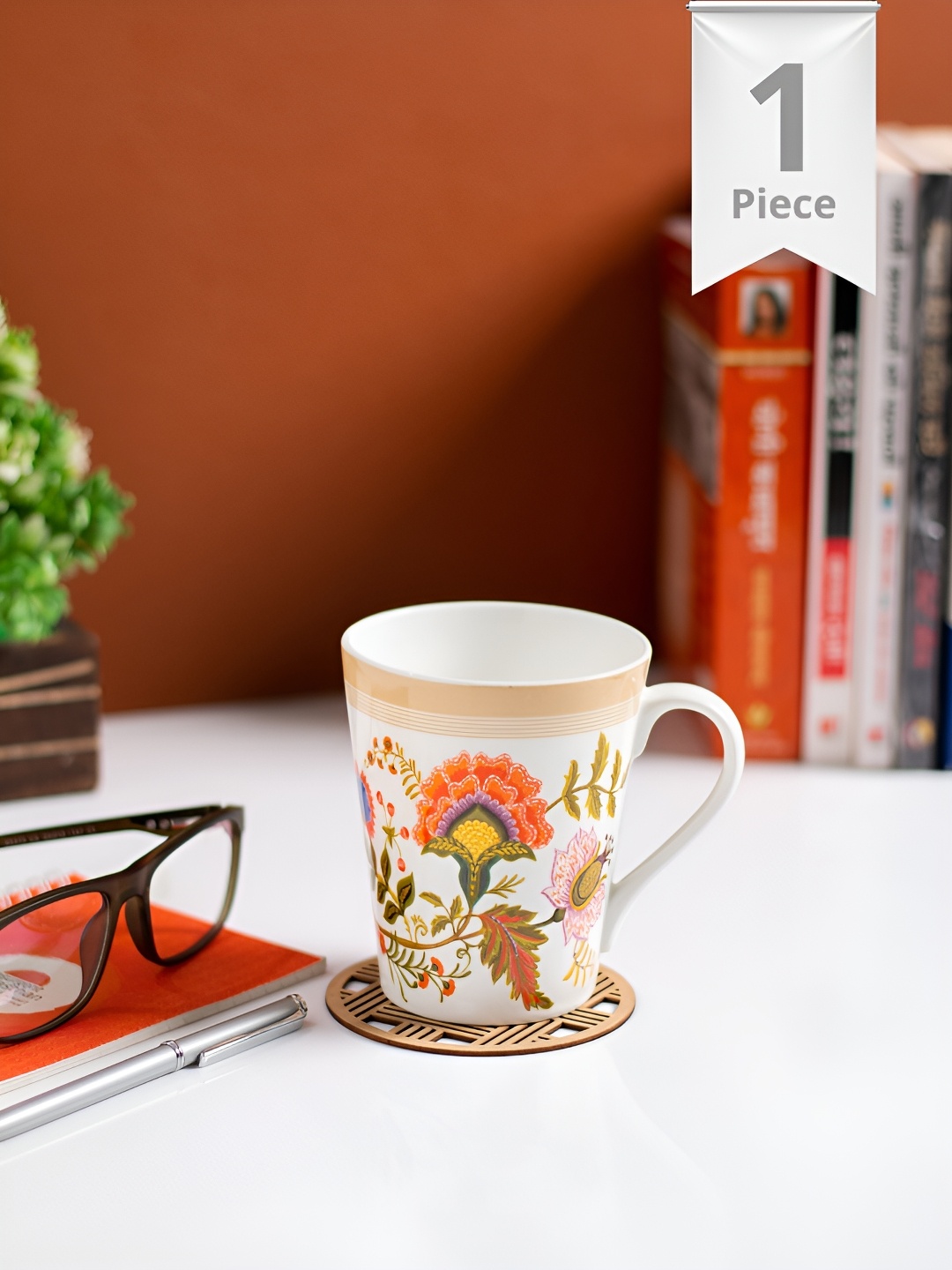 

JCPL White & Orange Floral Printed Ceramic Glossy Mugs 340 ml