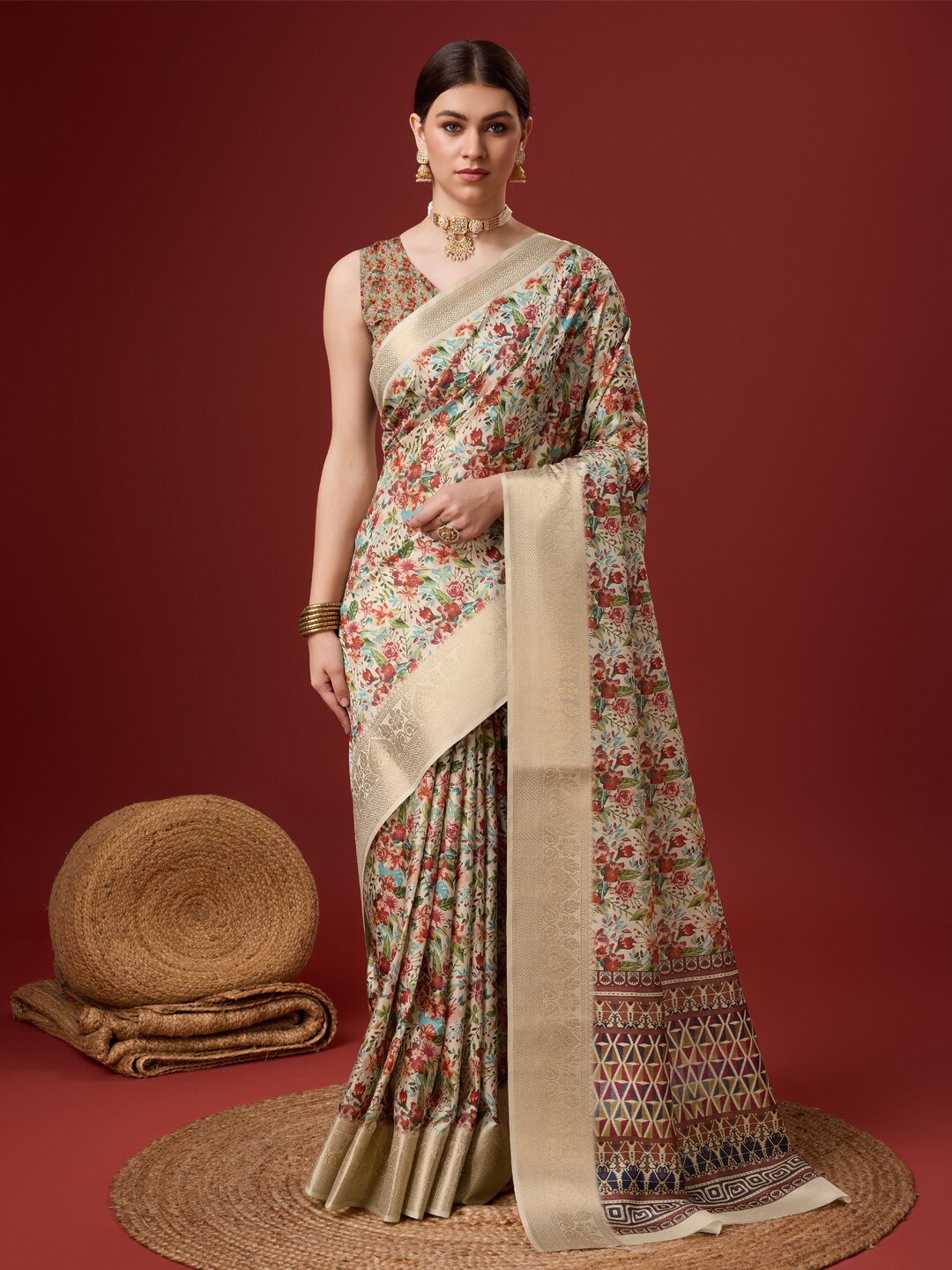 

Mitera Floral Tussar Saree, Beige