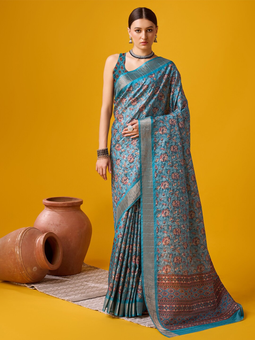 

Mitera Floral Tussar Saree, Blue