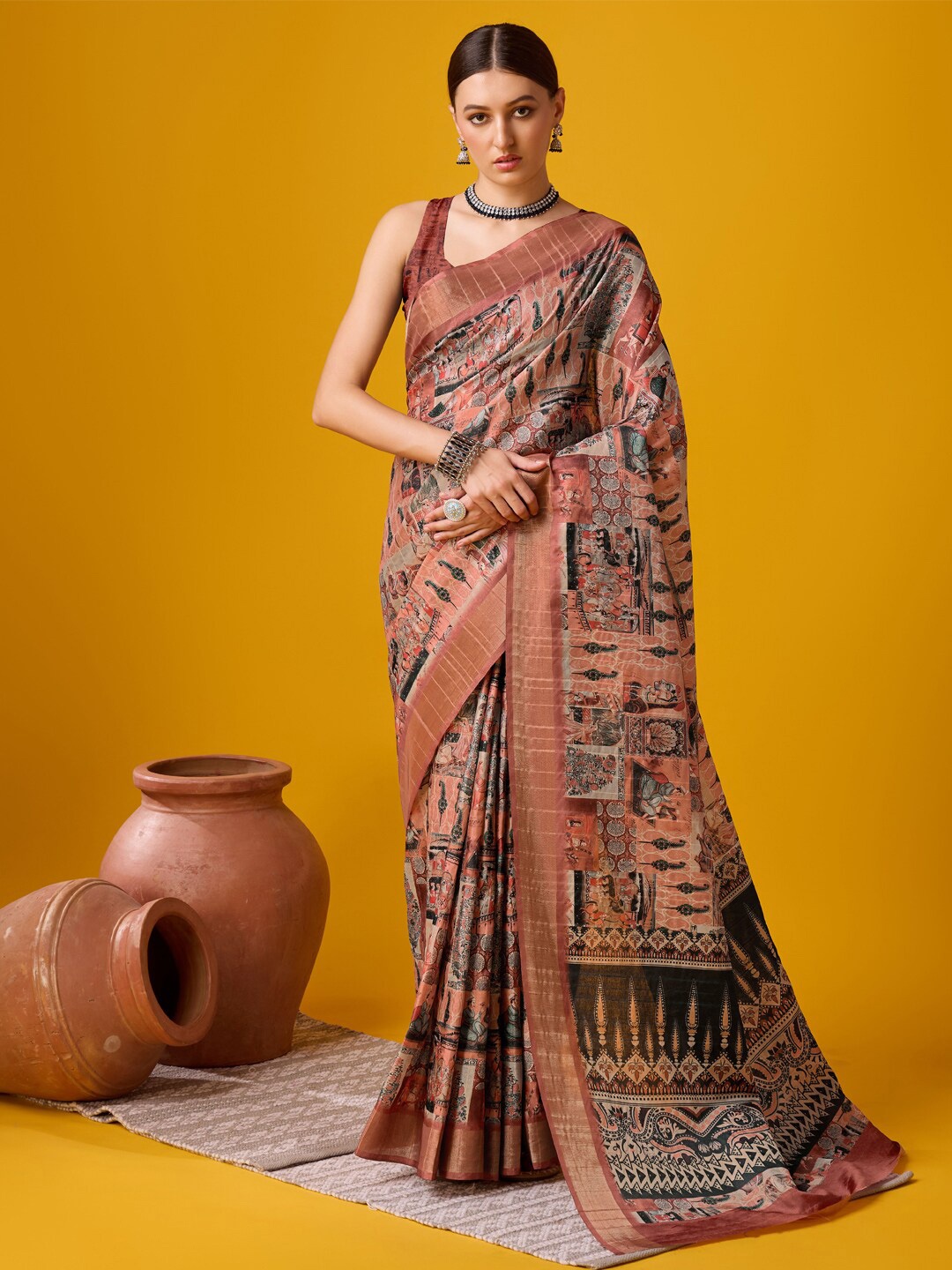 

Mitera Floral Tussar Saree, Brown