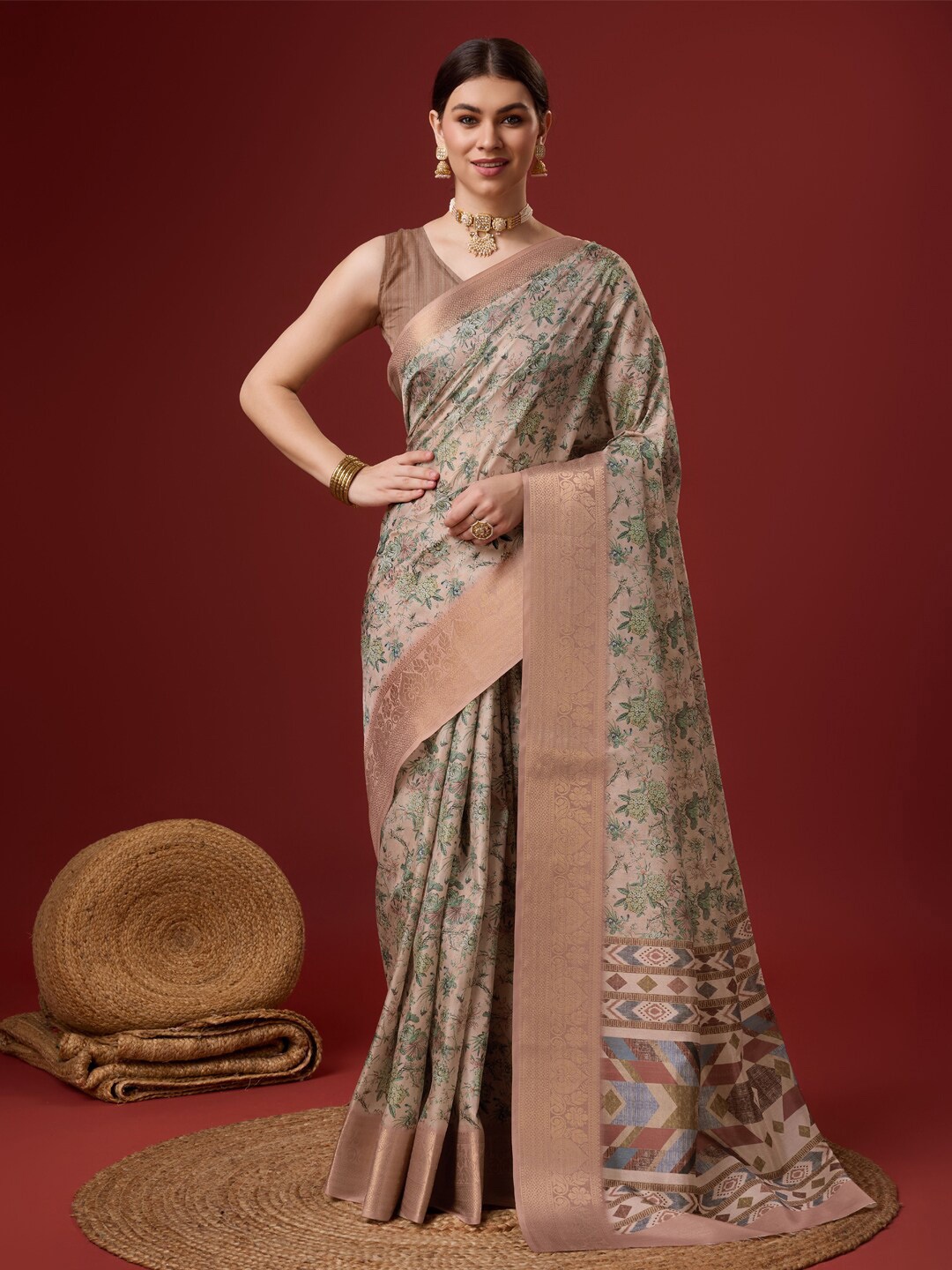 

Mitera Floral Zari Tussar Saree, Brown