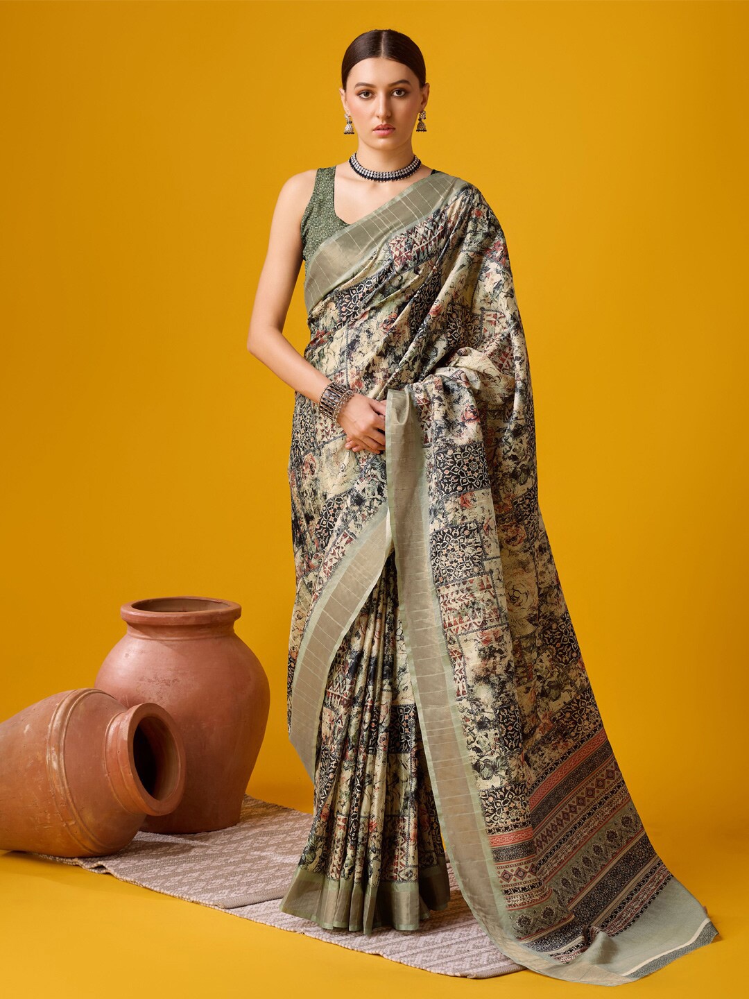 Mitera Ethnic Motifs Zari Tussar Saree, Beige