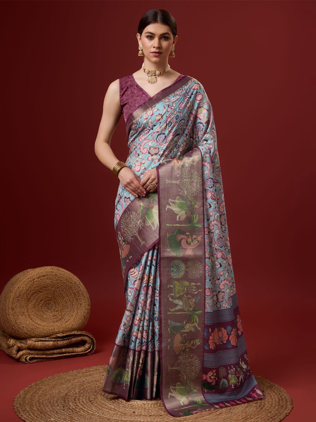 

Mitera Floral Zari Tussar Saree, Blue