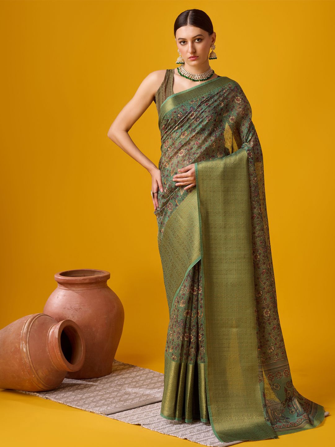 

Mitera Floral Tussar Saree, Green