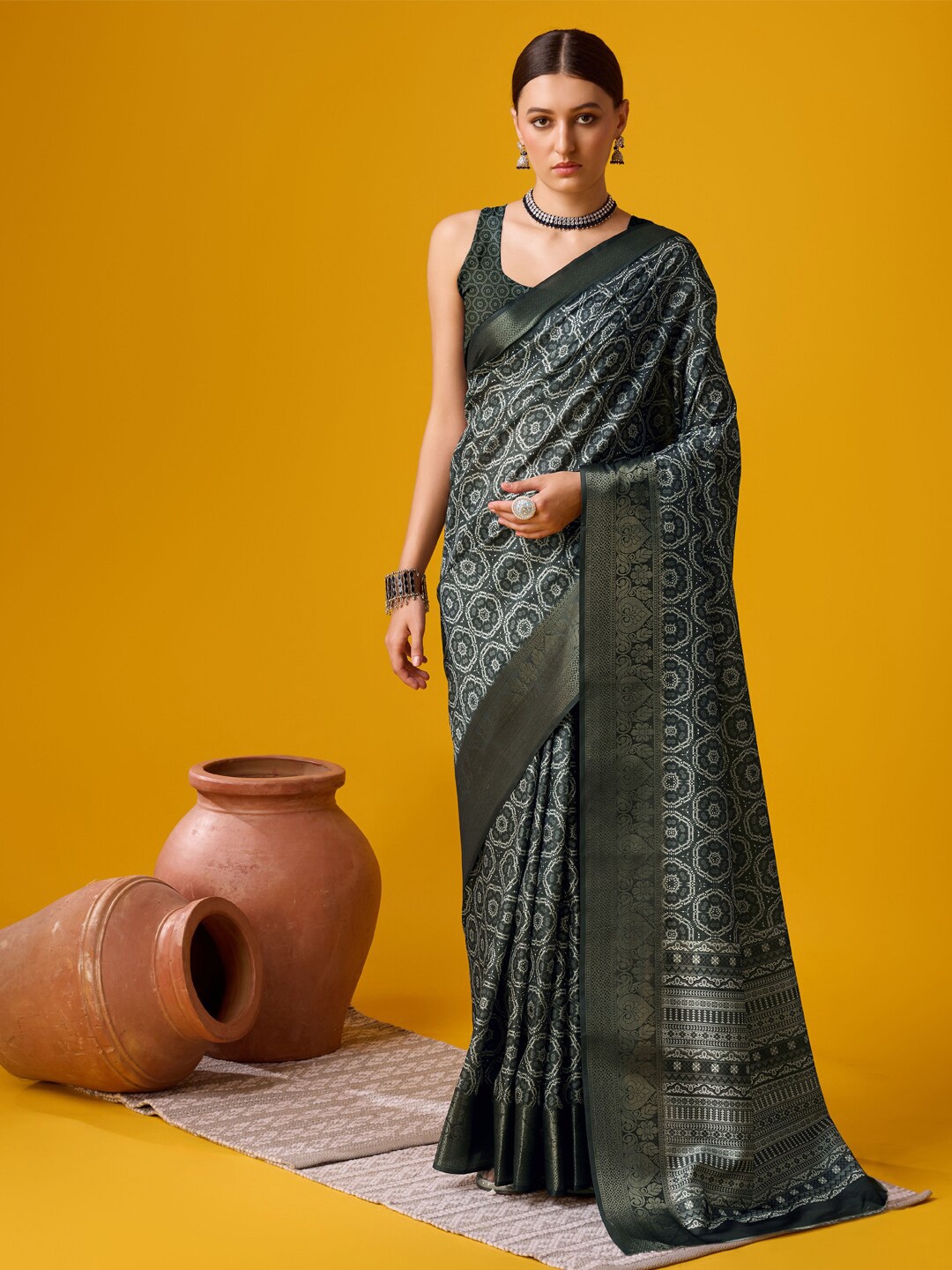 

Mitera Floral Zari Tussar Saree, Green
