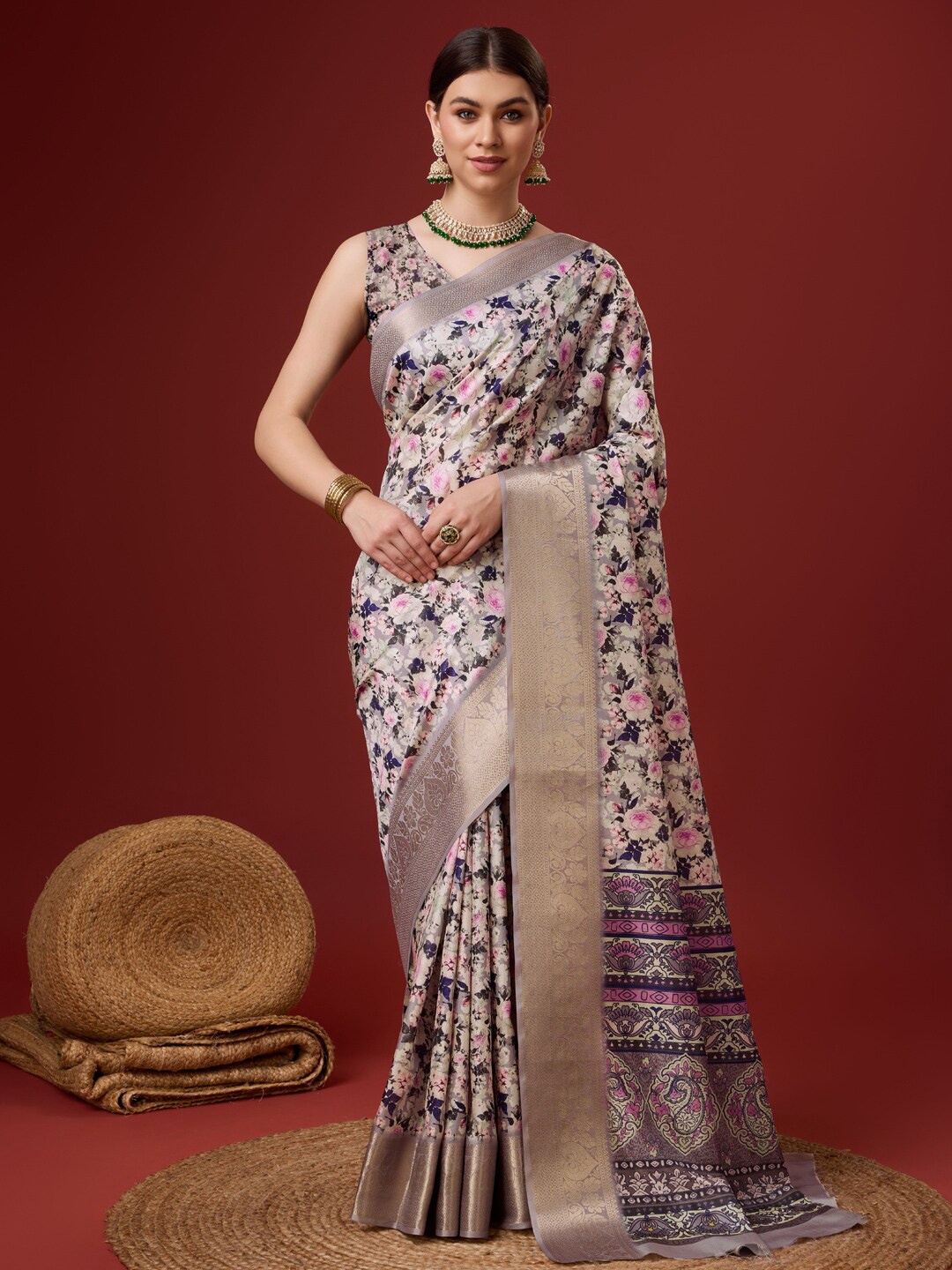 

Mitera Floral Zari Tussar Saree, White