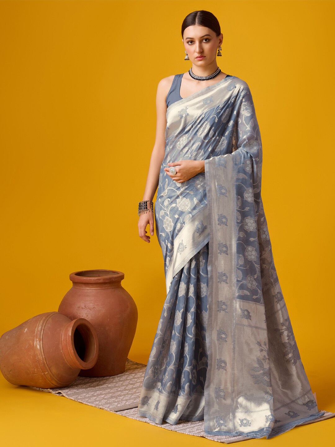 

Mitera Woven Design Zari Tussar Saree, Grey