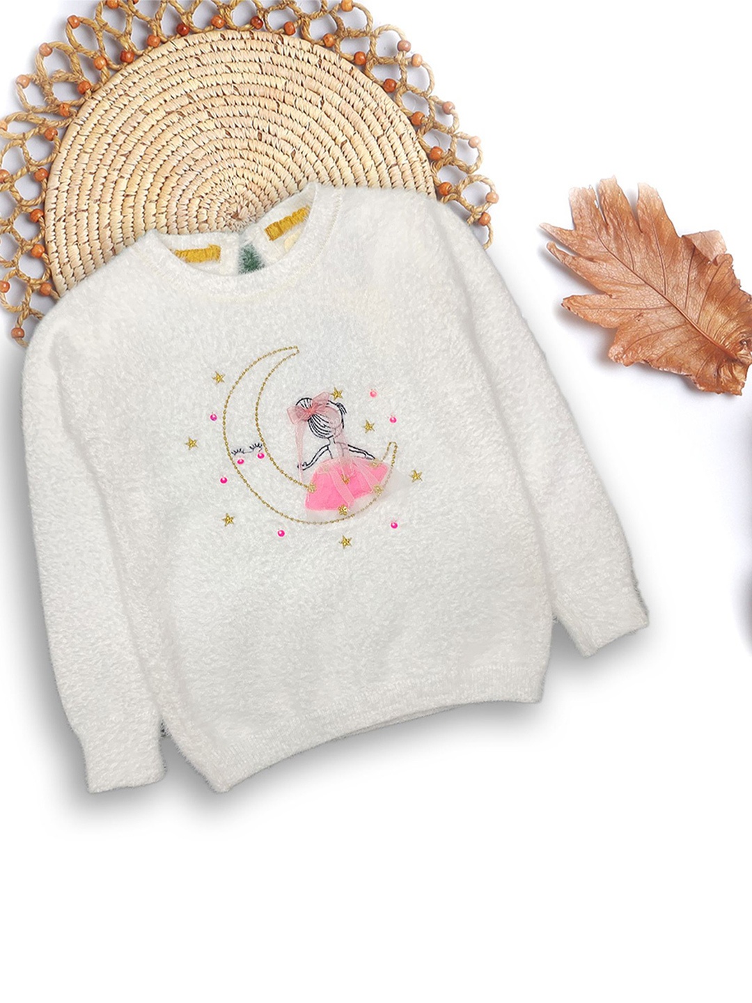 

Yellow Apple Girls Embroidered Woollen Pullover with Applique Detail, White