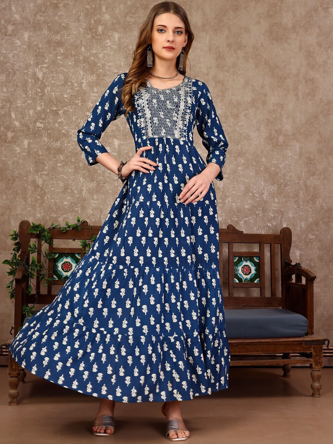 

KALINI Floral Printed Thread Work A-Line Kurta, Blue