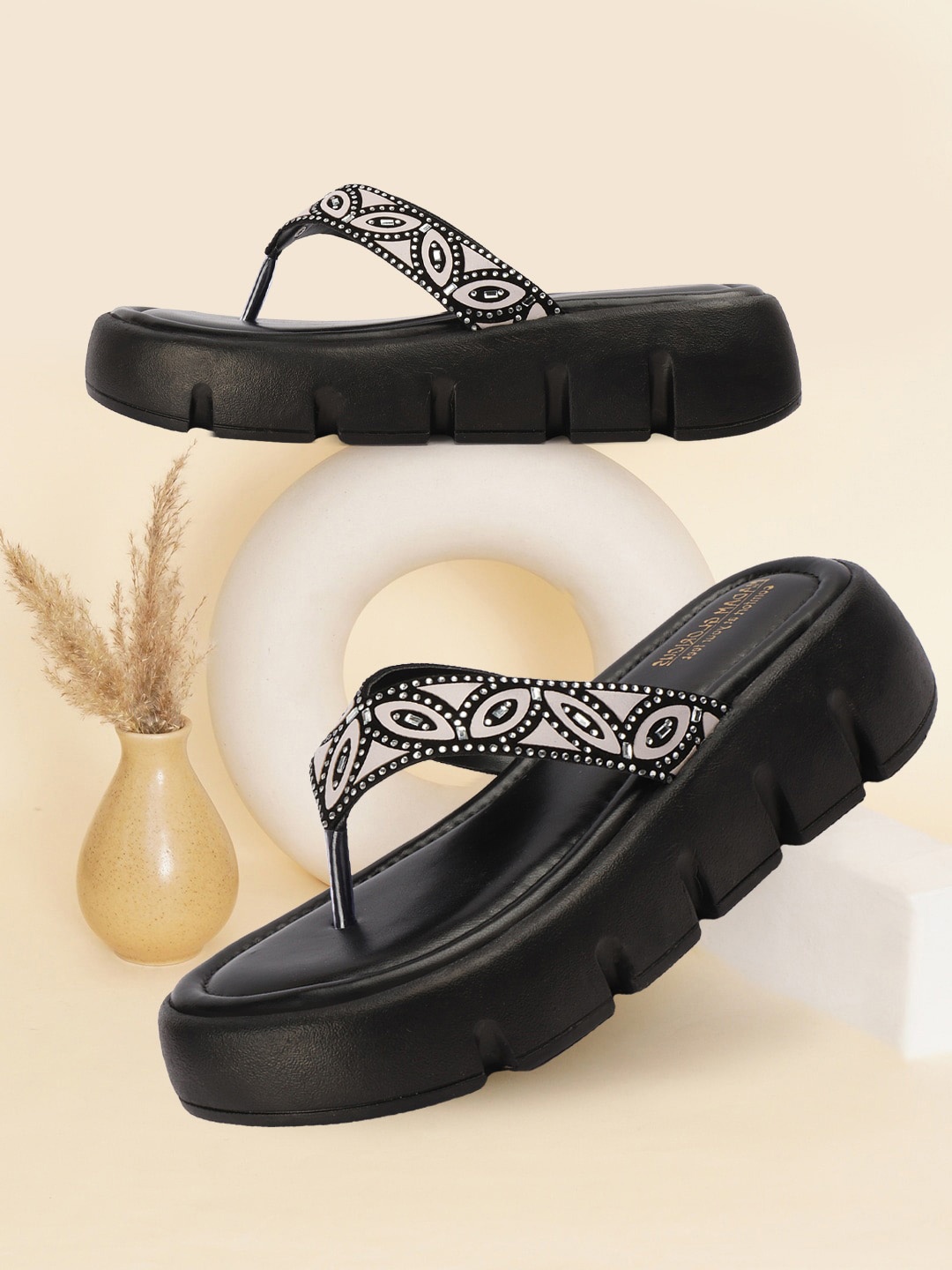 

madam glorious Embellished Flatform Heel Sandals, Off white