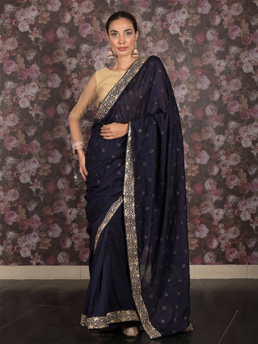 

ODETTE Embellished Embroidered Saree, Navy blue