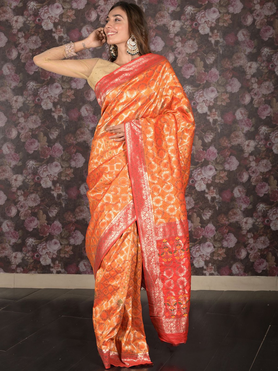 

ODETTE Ethnic Motifs Zari Saree, Orange
