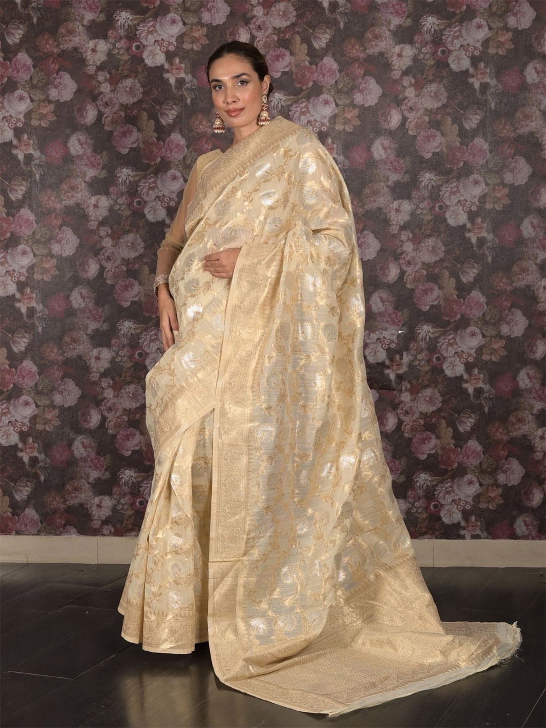 

ODETTE Woven Design Zari Saree, Cream