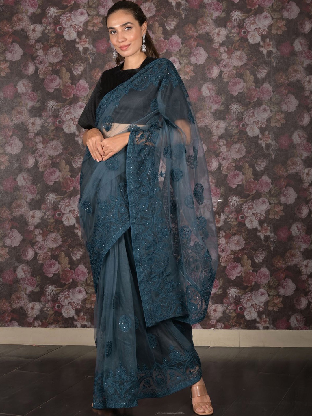 

ODETTE Ethnic Motifs Beads and Stones Net Saree, Teal