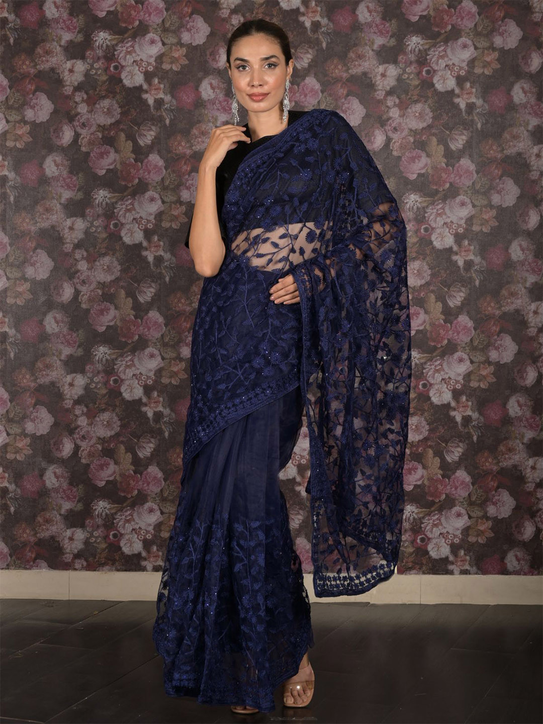 

ODETTE Embroidered Beads and Stones Net Saree, Navy blue