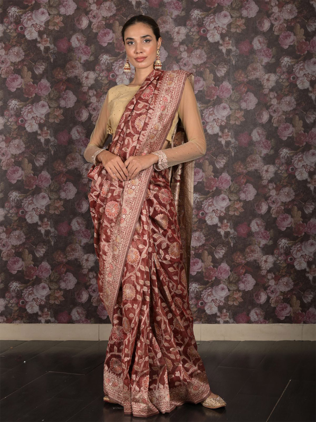 

ODETTE Floral Woven Design Zari Saree With Blouse Piece, Brown