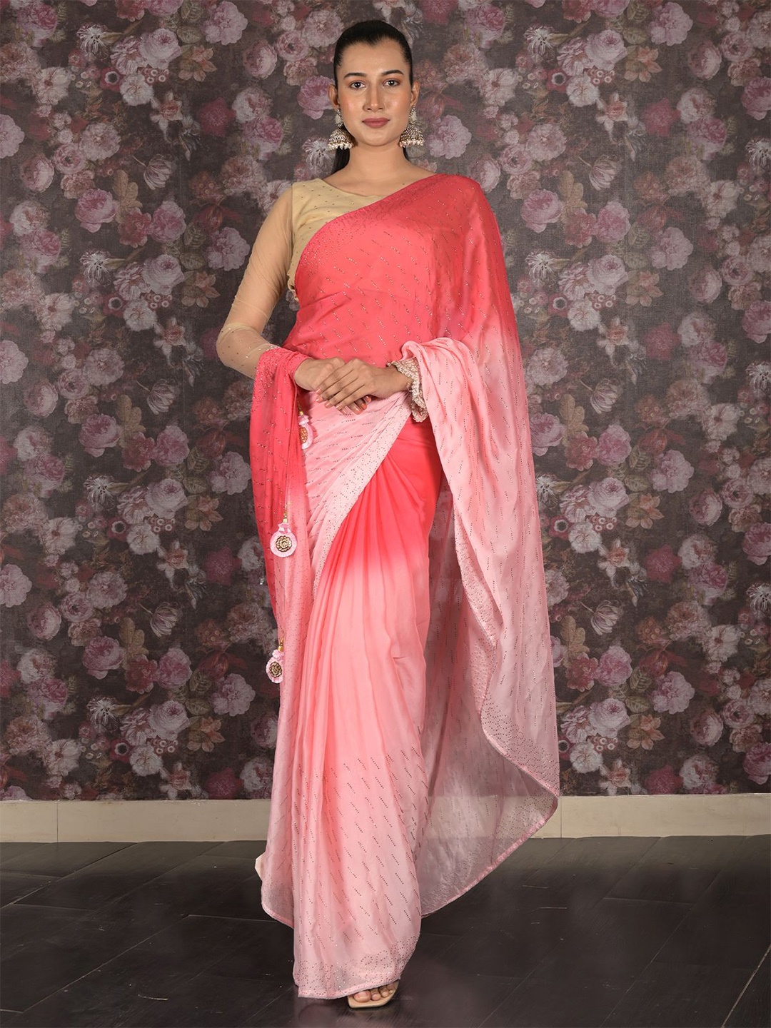 

ODETTE Embellished Beads and Stones Saree, Pink