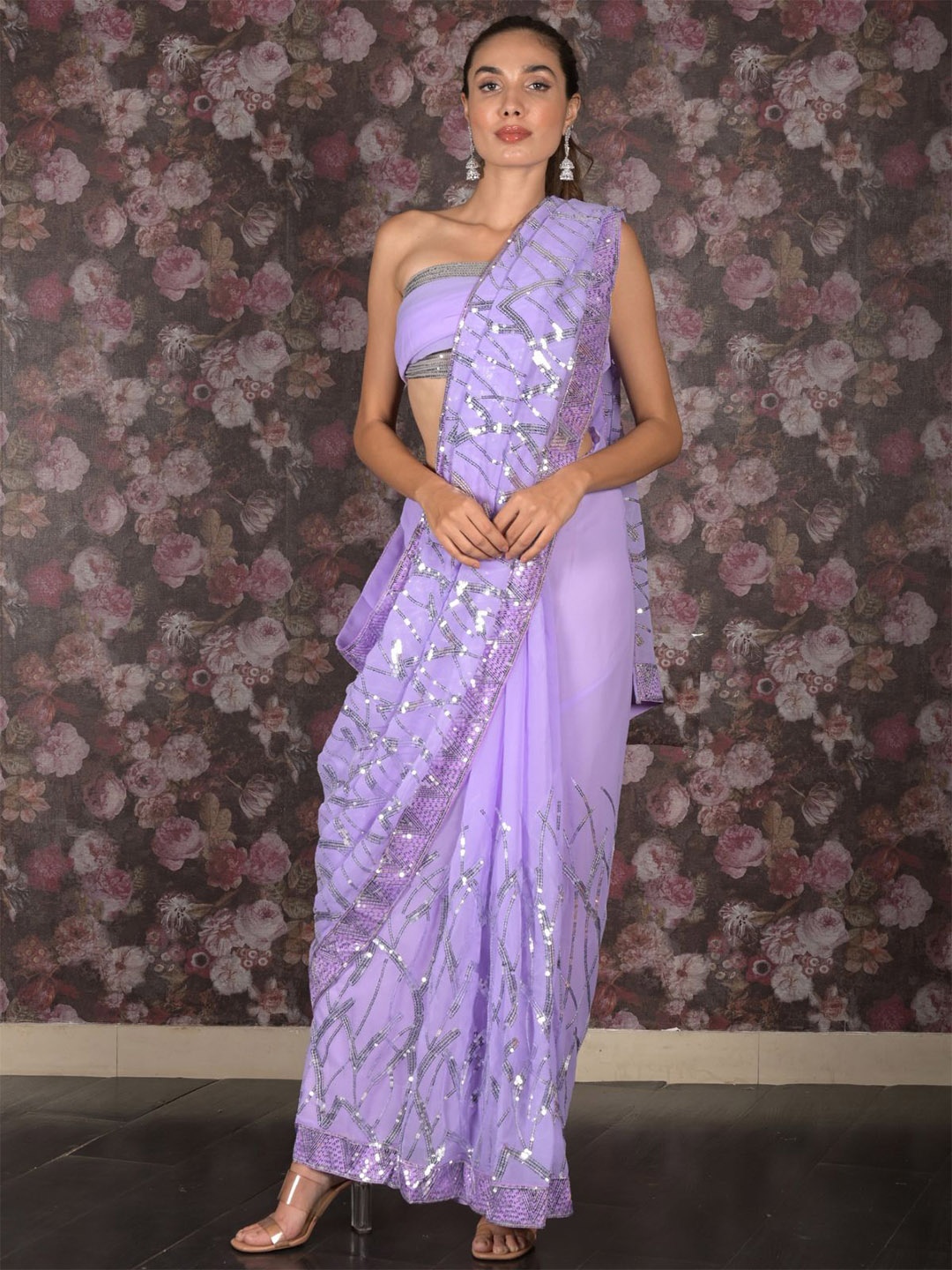 

ODETTE Embellished Sequinned Saree, Lavender