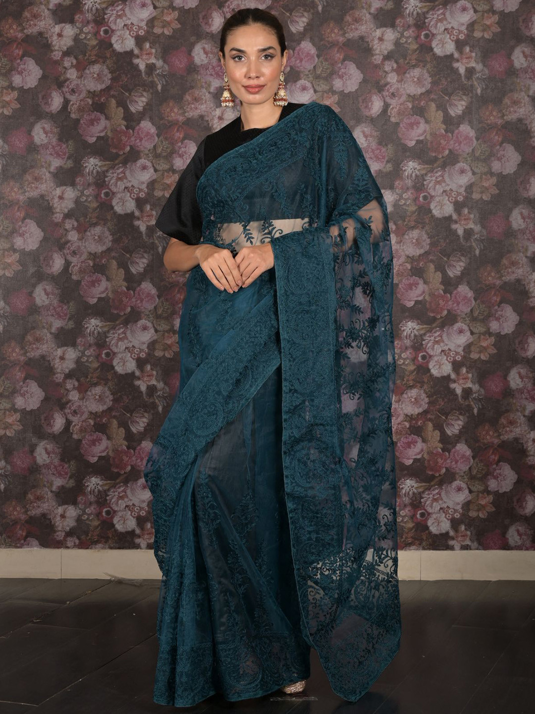 

ODETTE Floral Net Saree, Teal