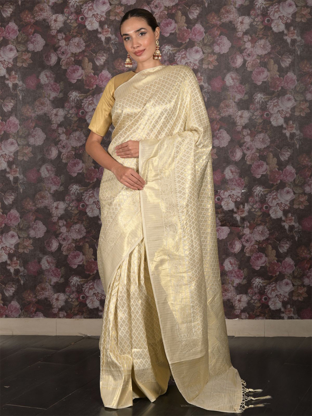 

ODETTE Woven Design Zari Saree, Off white