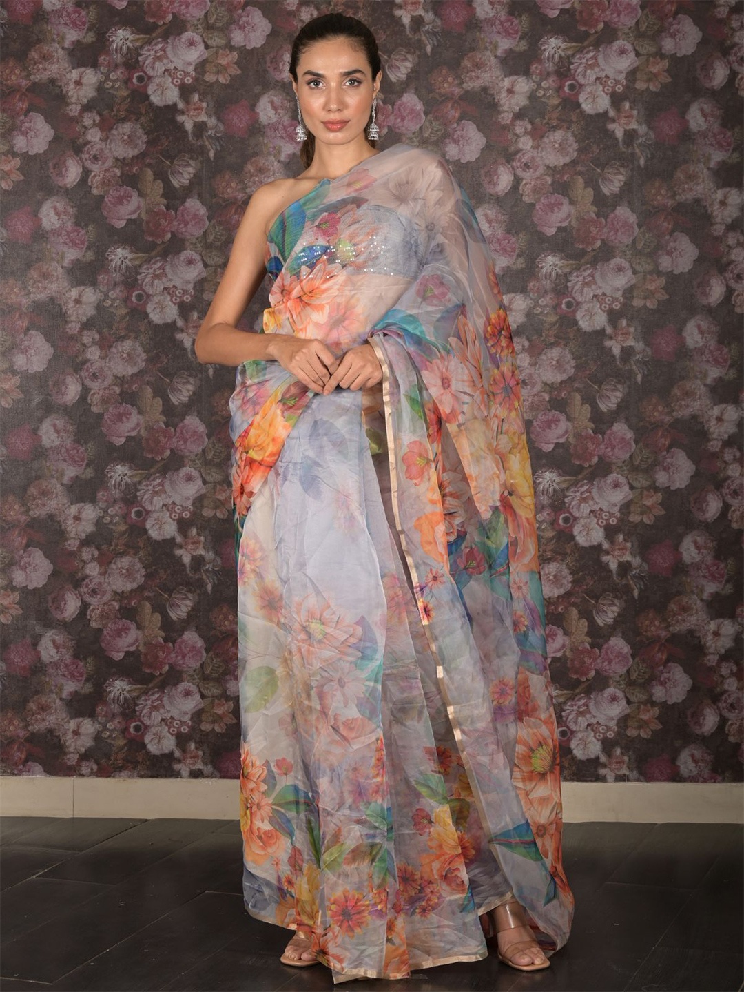 

ODETTE Floral Organza Saree, Blue