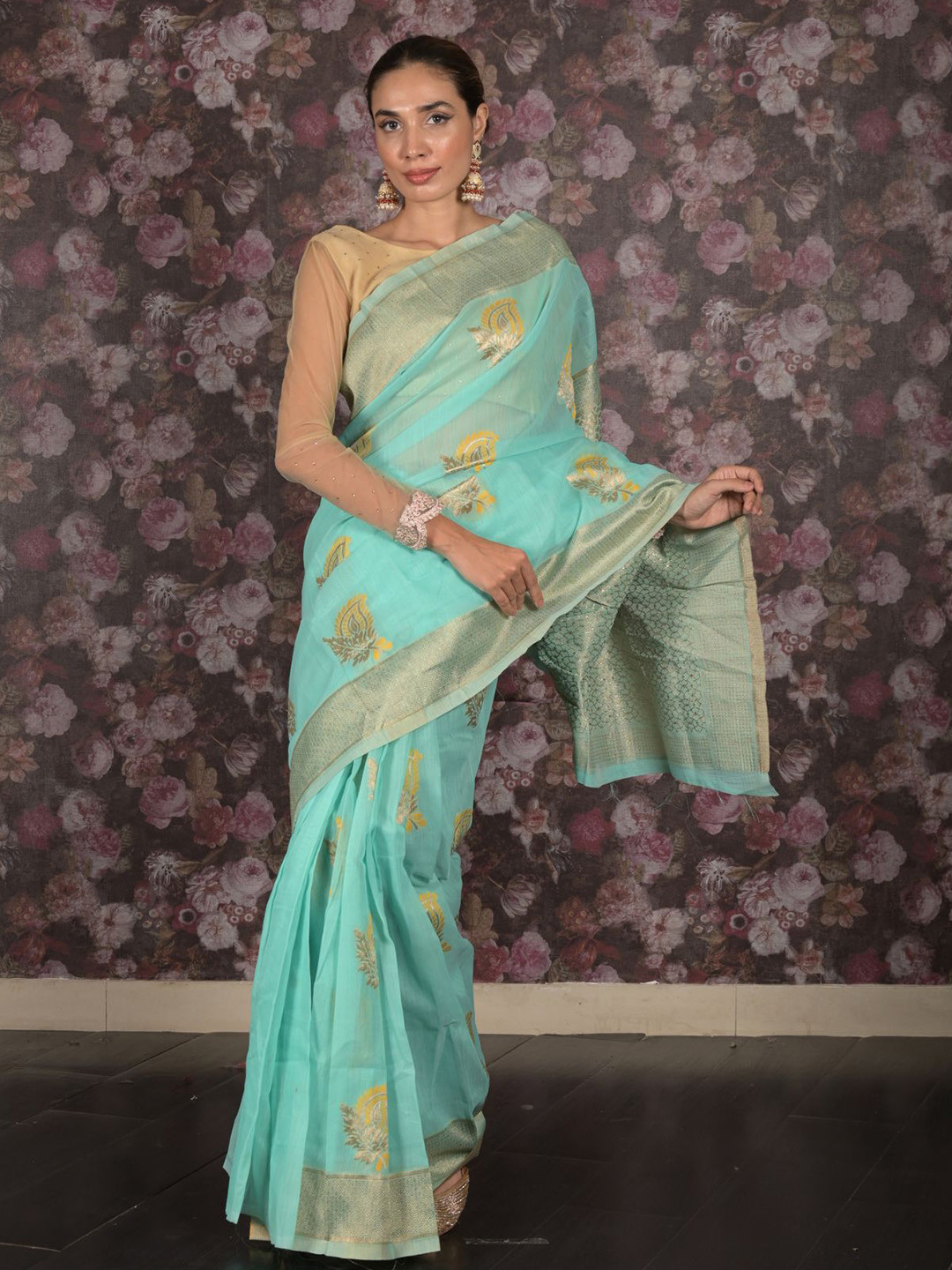 

ODETTE Ethnic Motifs Woven Design Zari Saree, Sea green