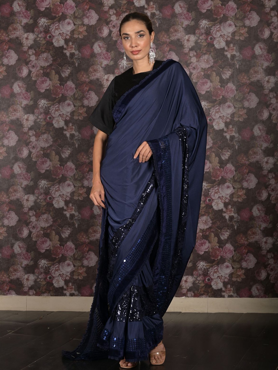 

ODETTE Embroidered Embellished Sequinned Saree, Navy blue