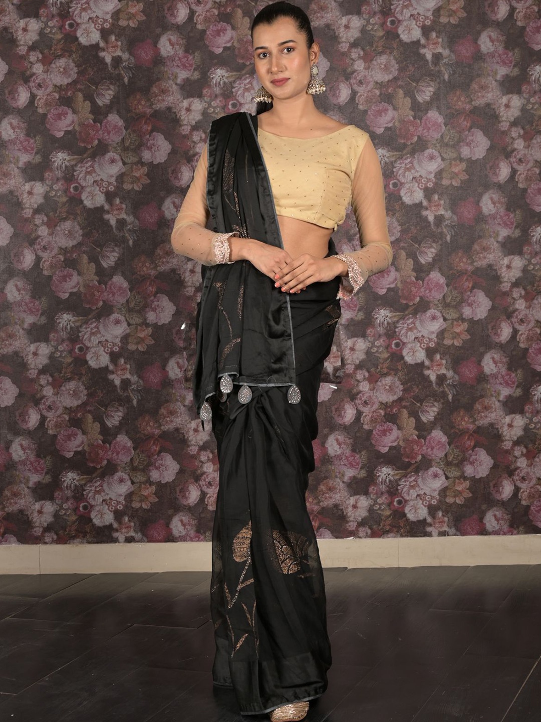 

ODETTE Floral Embellished Saree, Black
