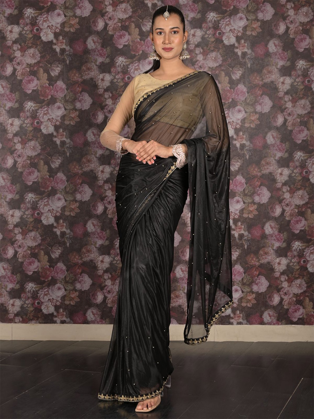 

ODETTE Embellished Satin Saree, Black
