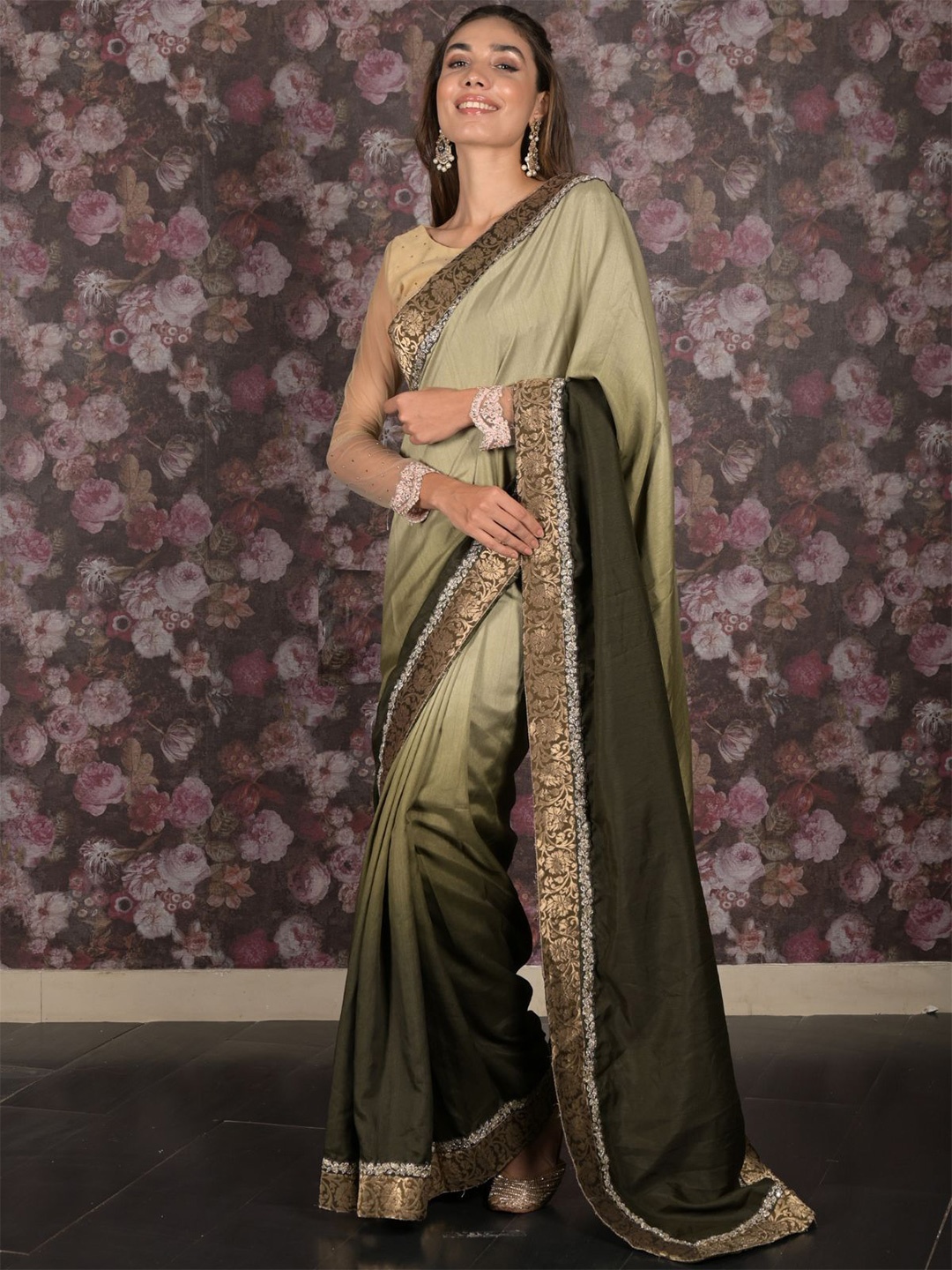 

ODETTE Sequinned Embroidered Saree, Green