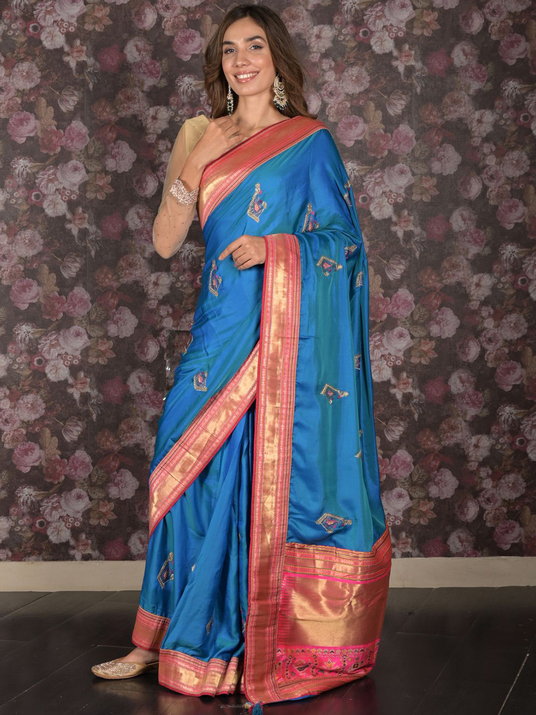 

ODETTE Ethnic Motifs Woven Design Zari Satin Saree, Blue