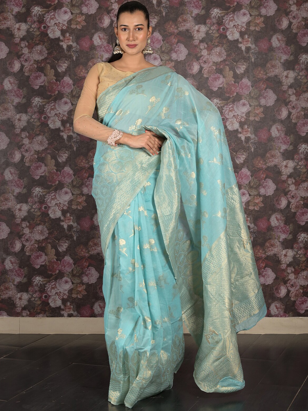 

ODETTE Woven Design Zari Floral Saree With Blouse Piece, Blue