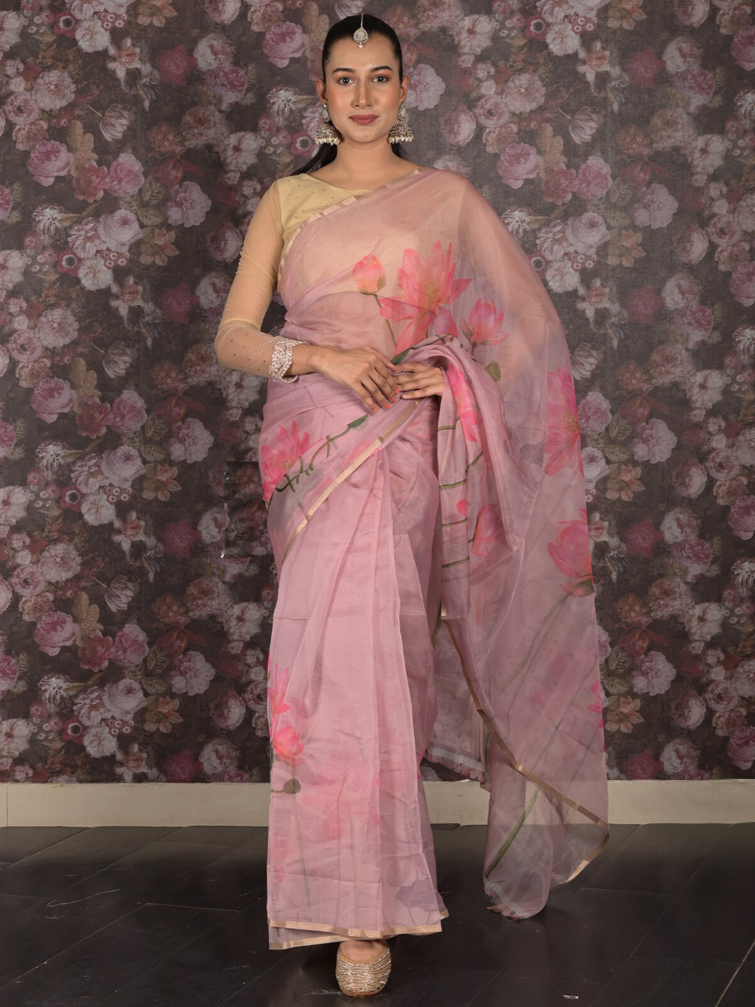 

ODETTE Floral Organza Saree, Pink