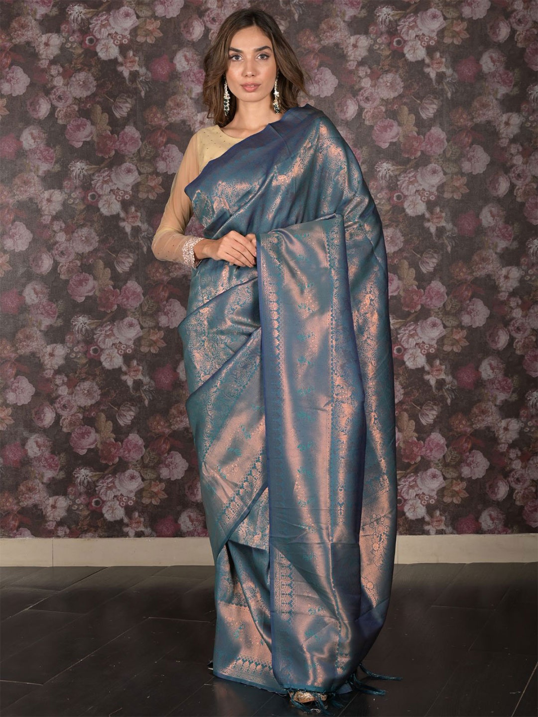 

ODETTE Woven Design Zari Saree, Teal
