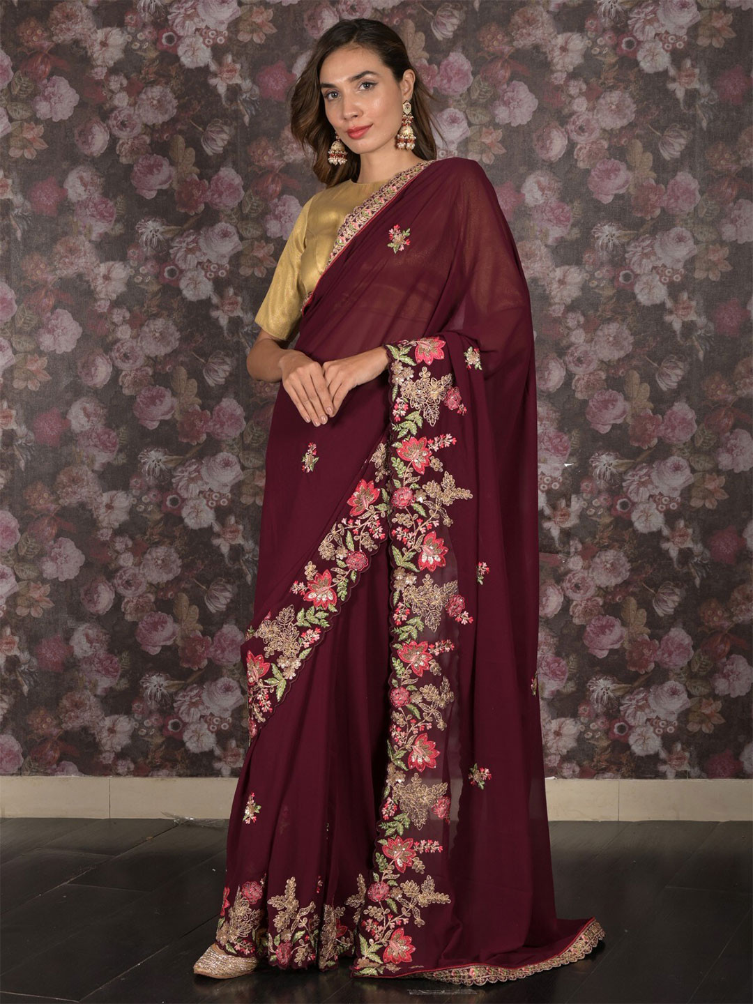 

ODETTE Embellished Embroidered Saree, Purple