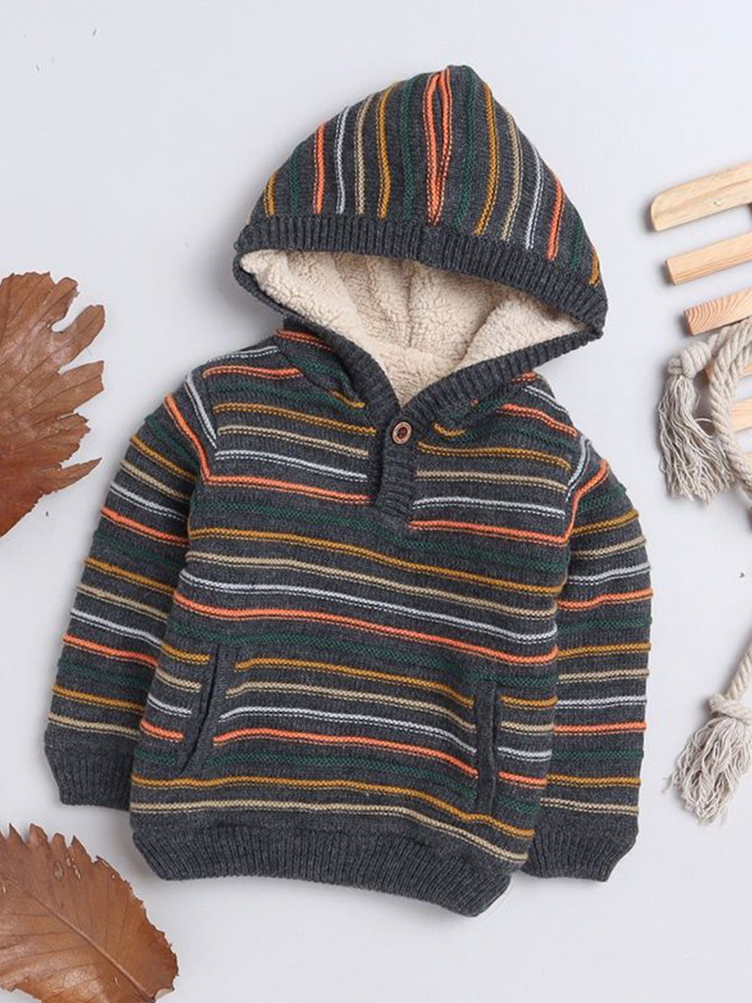 

Yellow Apple Boys Striped Hooded Pullover Sweater, Charcoal